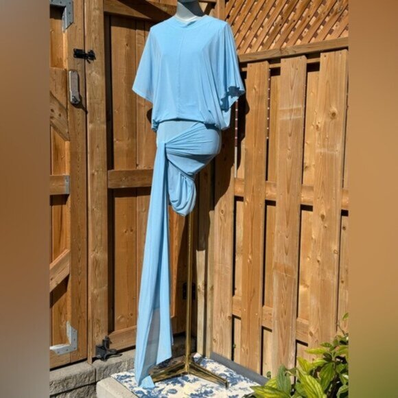 🆕 RAT & BOA 🧿 NWOT Freja Slinky Baby Blue Tie-Waist T-Shirt Mini Dress, Sz S - Picture 3 of 16